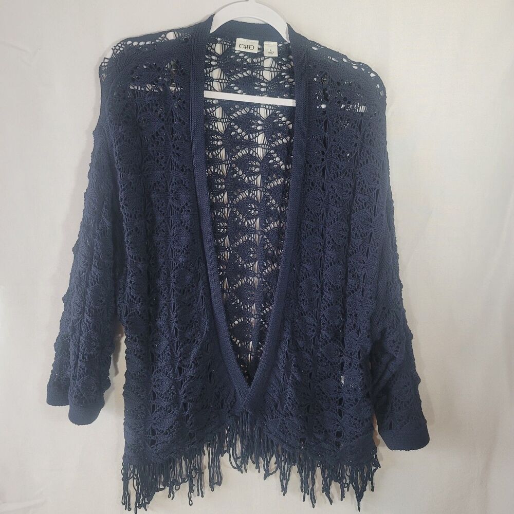 Women's Navy Blue Open Knit Crochet Size L Fringe Cardigan Sweater Boho Festival